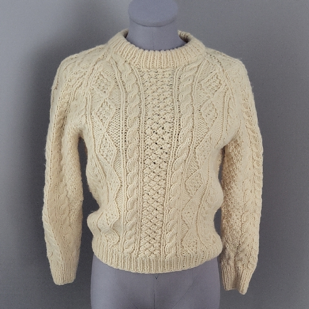 Ellis OG Handknit Wool Cream Cable Knit Sweater Made In Ireland Kids Unisex